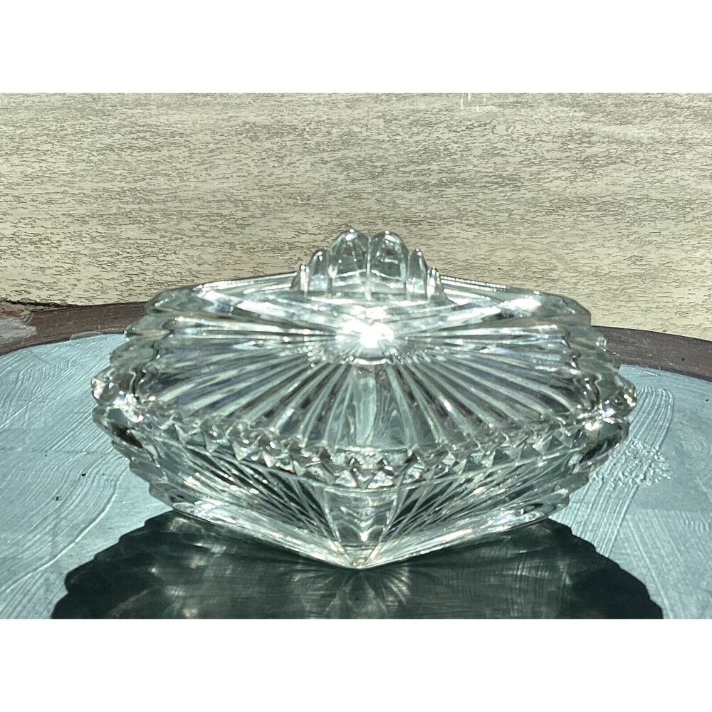 Art Deco Cut Glass Ribbed  Saw Tooth Trinket Gift Box Vintage